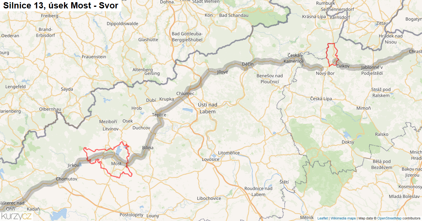 Úsek Most - Svor, Silnice 13 - Mapa