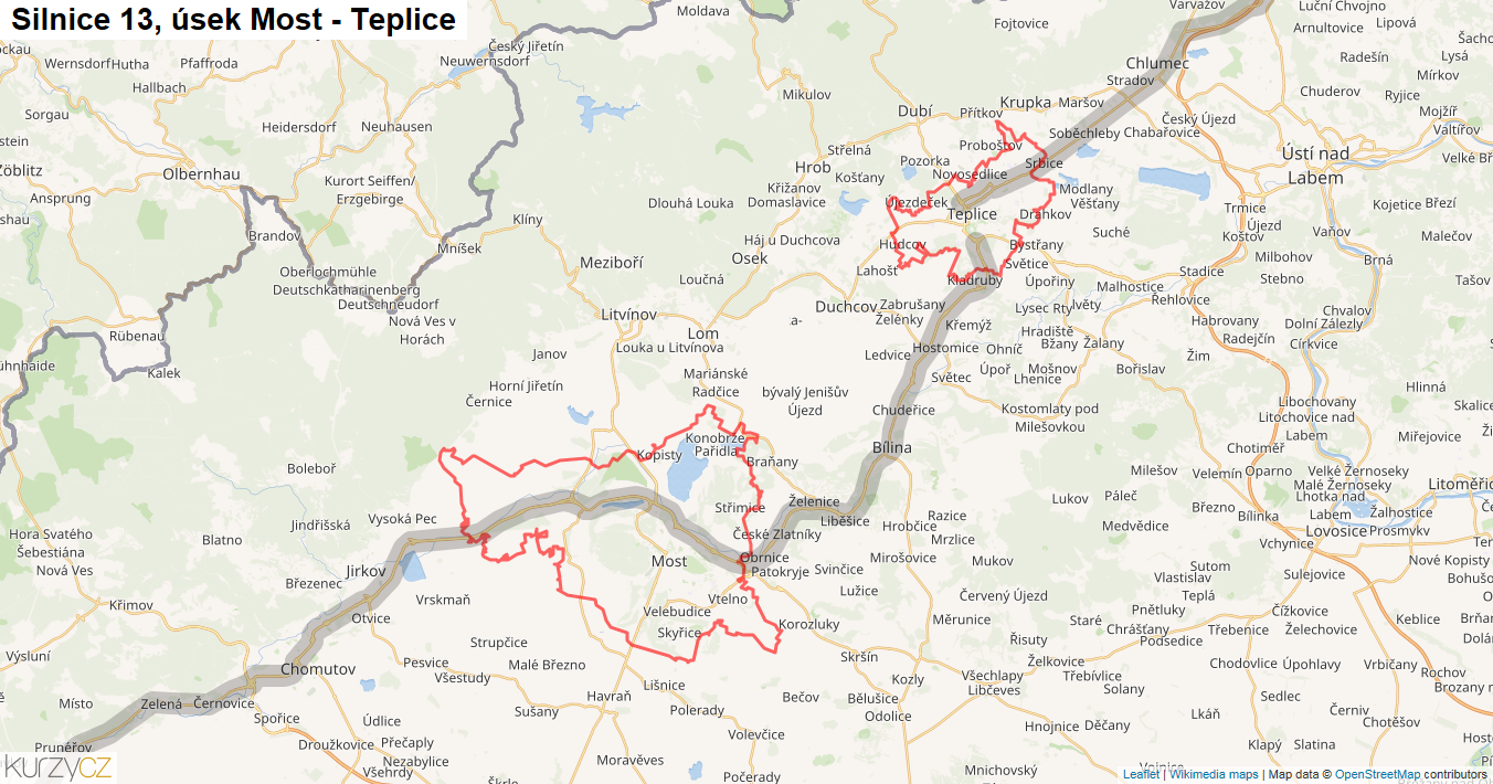 Úsek Most - Teplice, Silnice 13 - Mapa