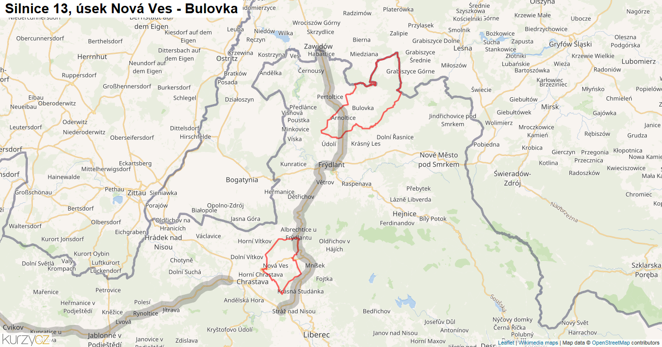 Úsek Nová Ves - Bulovka, Silnice 13 - Mapa