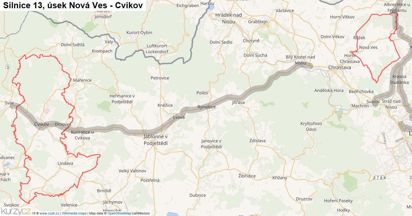 Úsek Nová Ves - Cvikov, Silnice 13 - Mapa