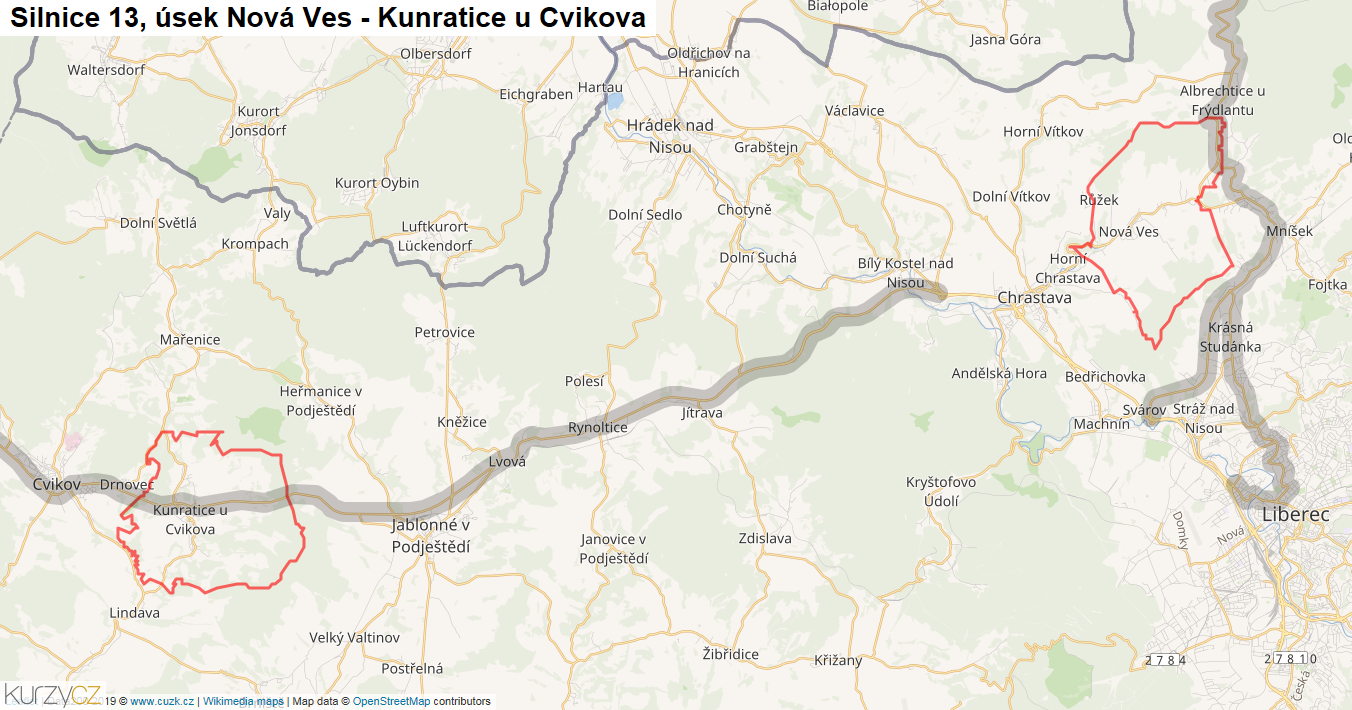 Úsek Nová Ves - Kunratice u Cvikova, Silnice 13 - Mapa