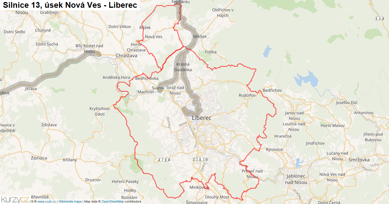 Úsek Nová Ves - Liberec, Silnice 13 - Mapa