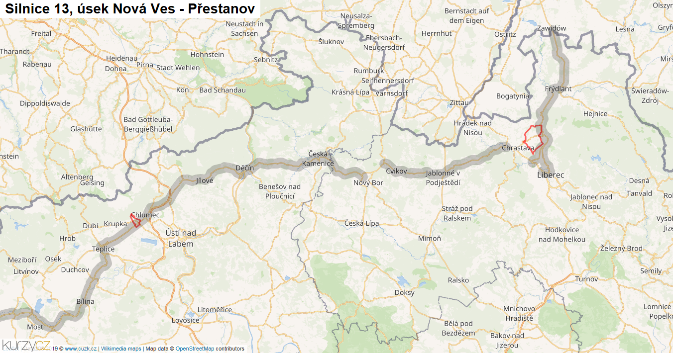 Úsek Nová Ves - Přestanov, Silnice 13 - Mapa