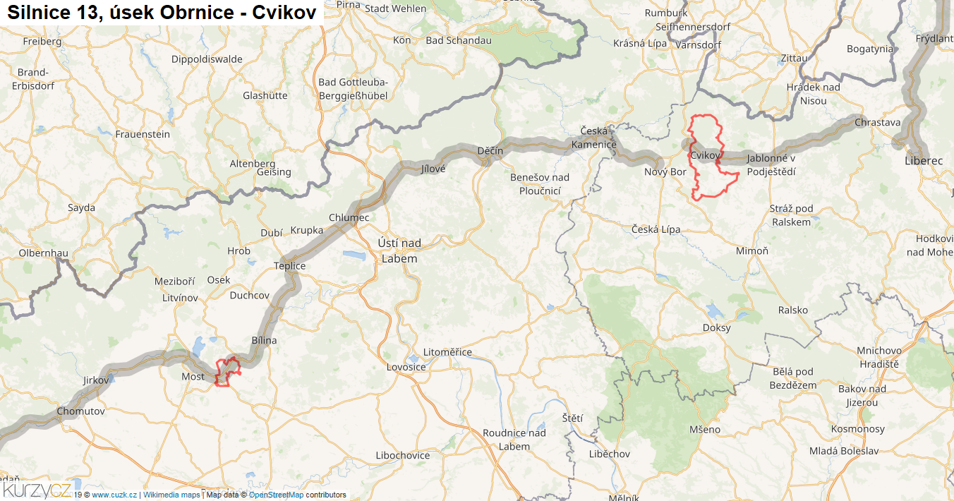 Úsek Obrnice - Cvikov, Silnice 13 - Mapa