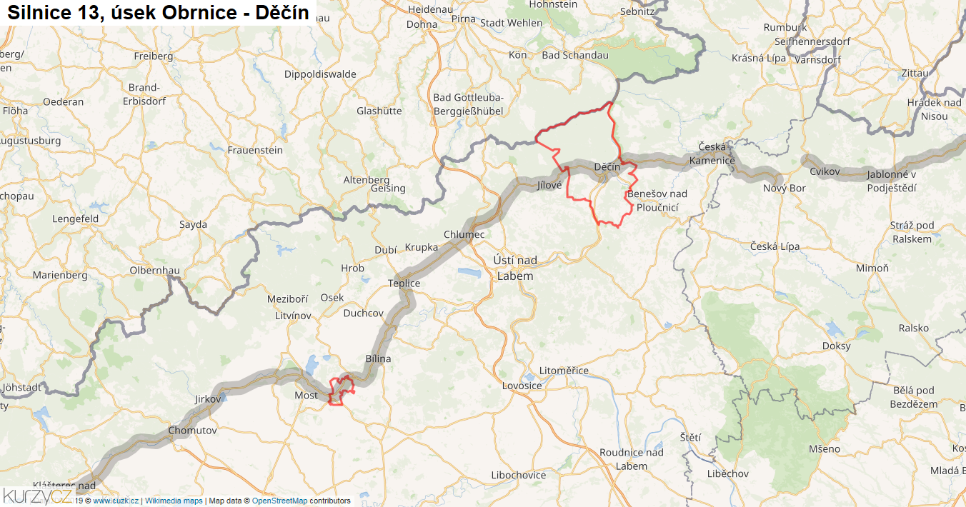 Úsek Obrnice - Děčín, Silnice 13 - Mapa