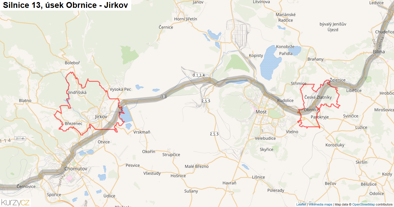 Úsek Obrnice - Jirkov, Silnice 13 - Mapa