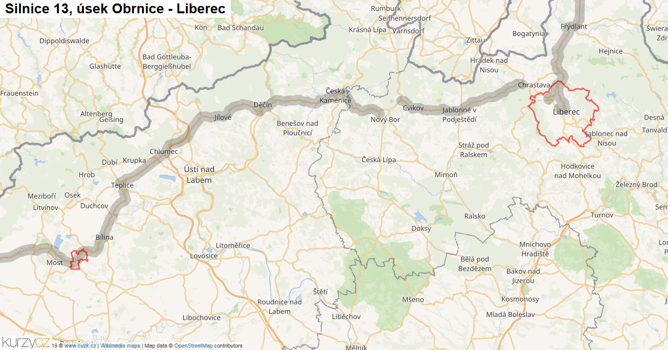 Úsek Obrnice - Liberec, Silnice 13 - Mapa
