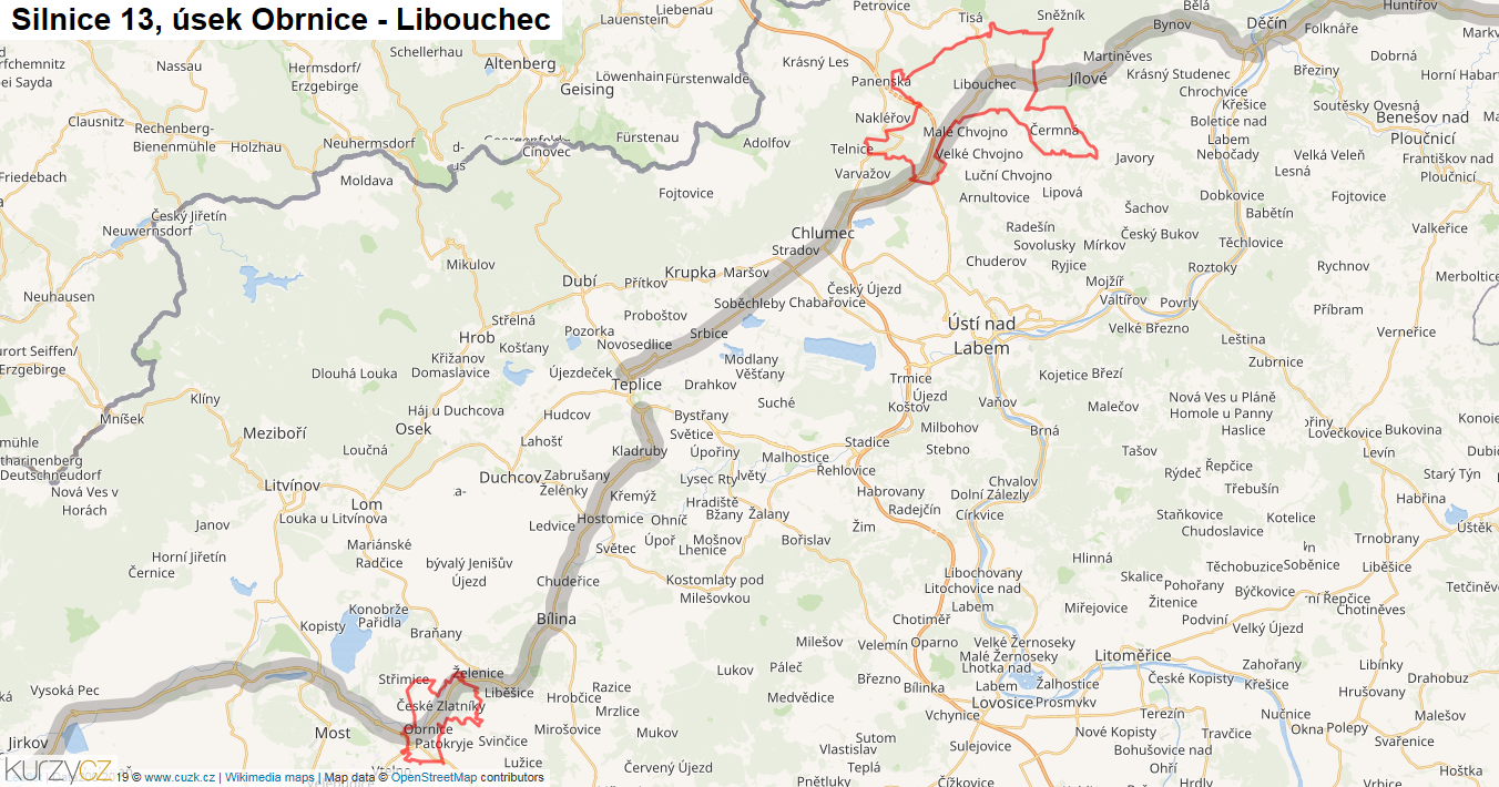 Úsek Obrnice - Libouchec, Silnice 13 - Mapa