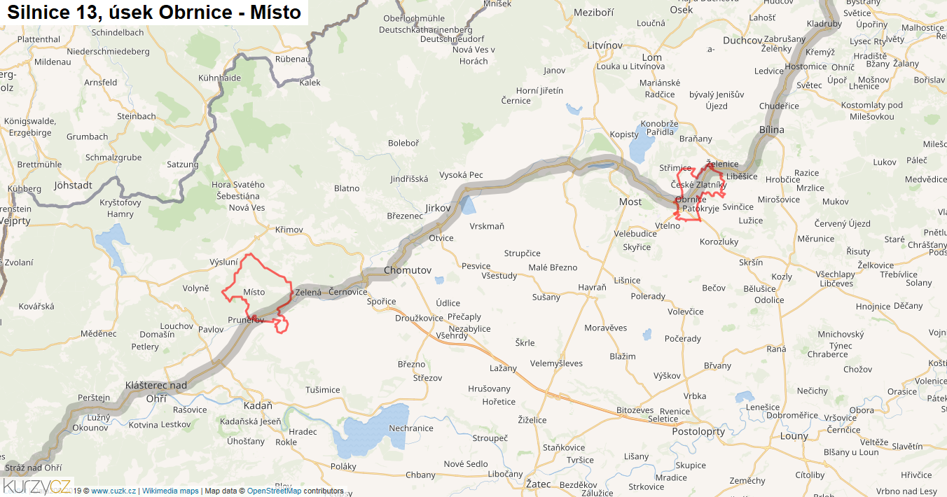Úsek Obrnice - Místo, Silnice 13 - Mapa