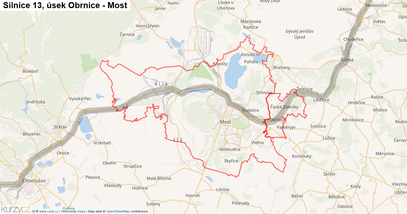 Úsek Obrnice - Most, Silnice 13 - Mapa