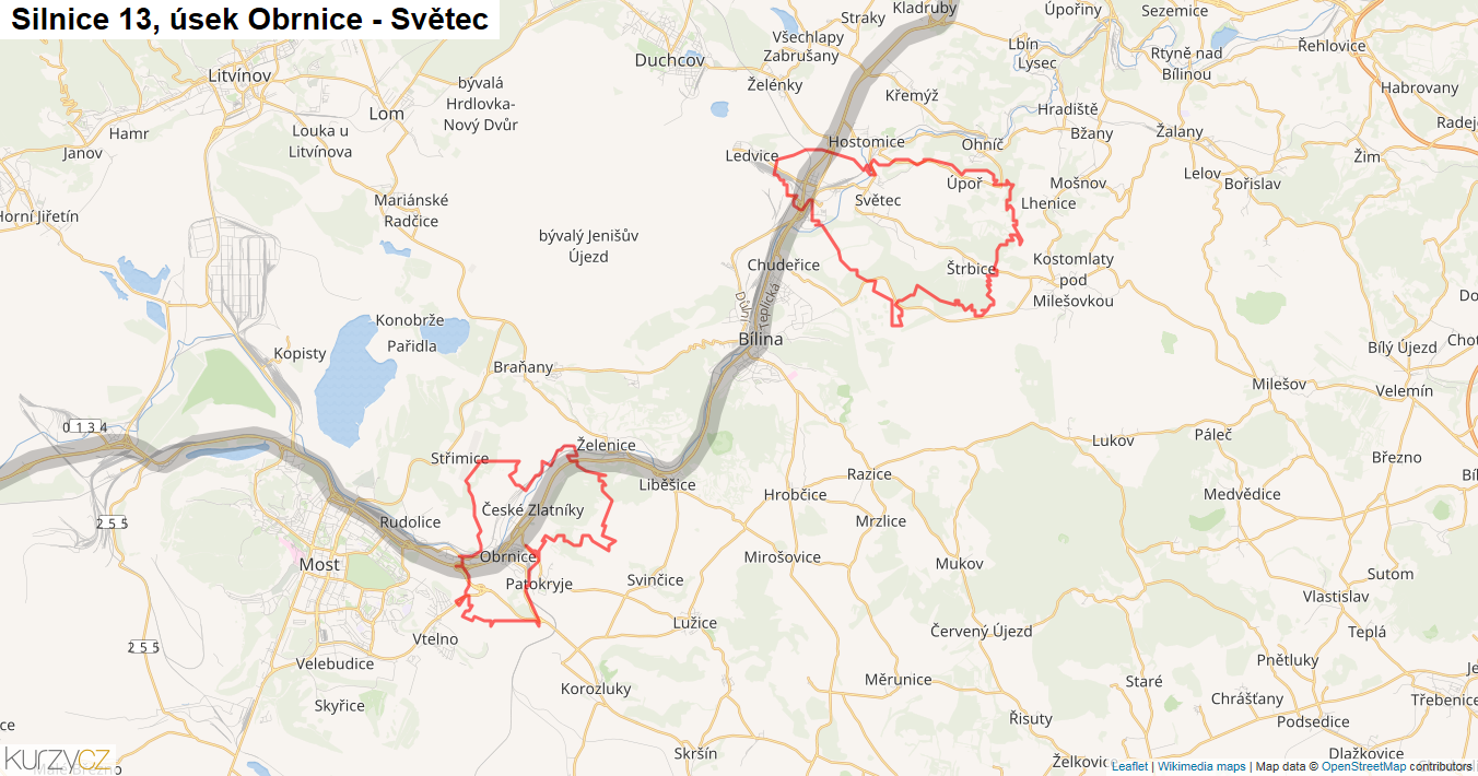 Úsek Obrnice - Světec, Silnice 13 - Mapa