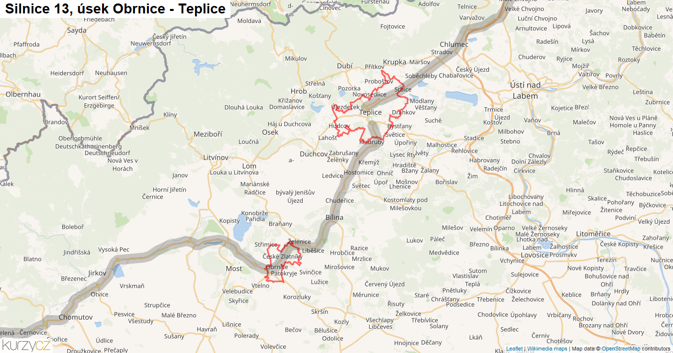 Úsek Obrnice - Teplice, Silnice 13 - Mapa