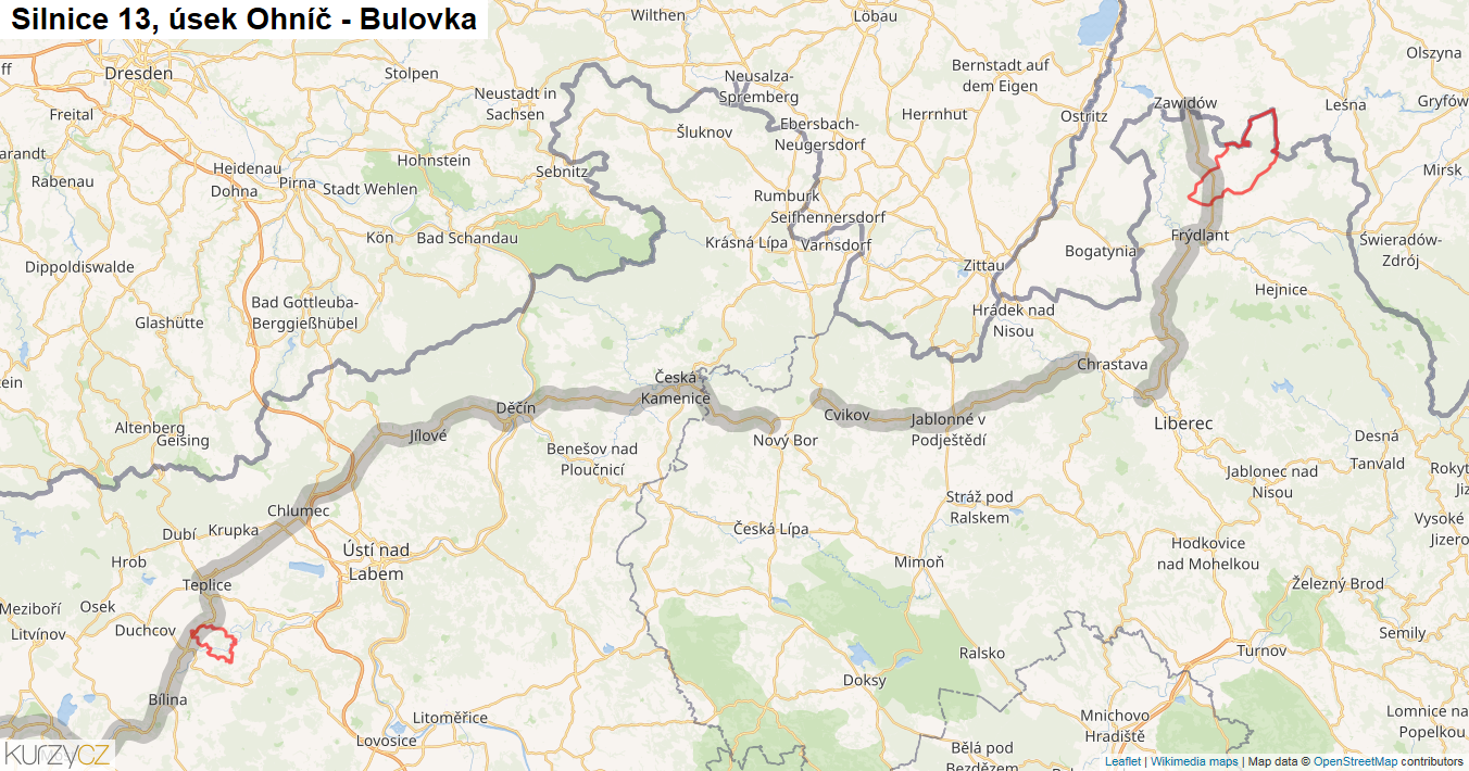 Úsek Ohníč - Bulovka, Silnice 13 - Mapa
