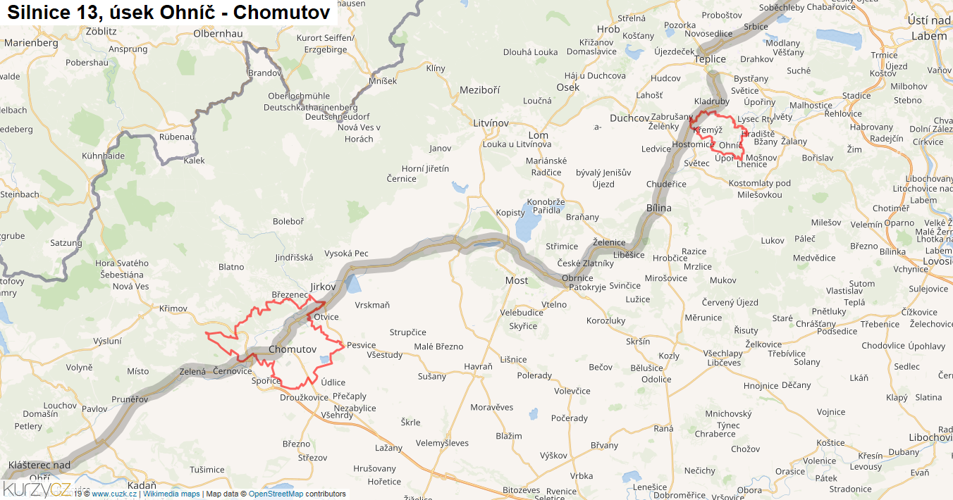 Úsek Ohníč - Chomutov, Silnice 13 - Mapa