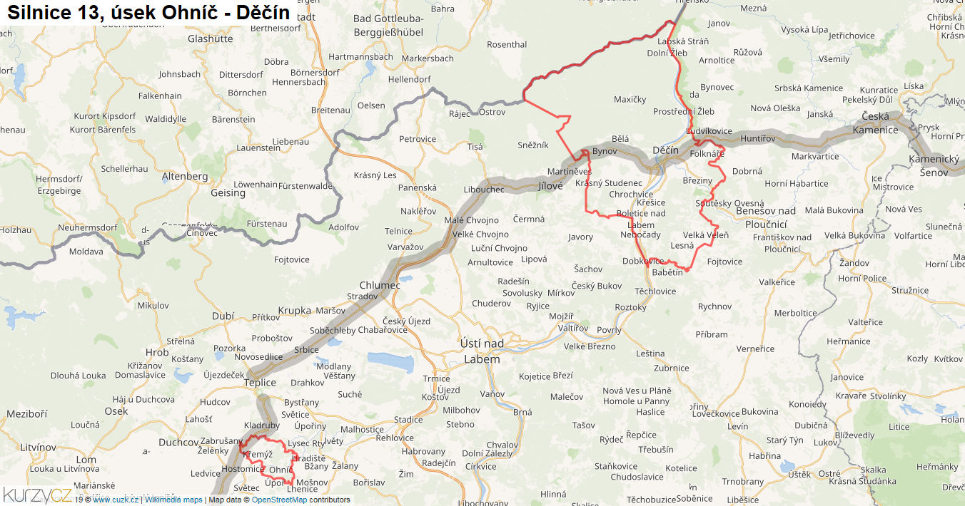 Úsek Ohníč - Děčín, Silnice 13 - Mapa