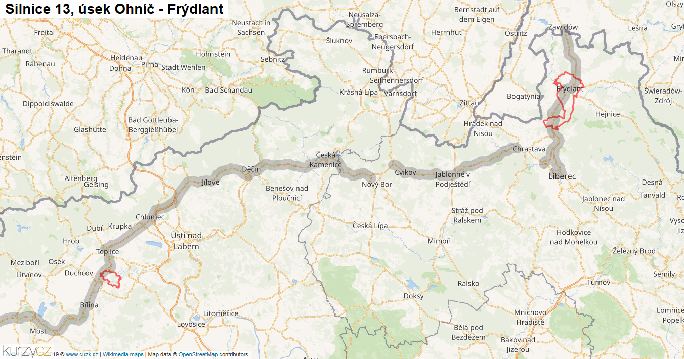 Úsek Ohníč - Frýdlant, Silnice 13 - Mapa