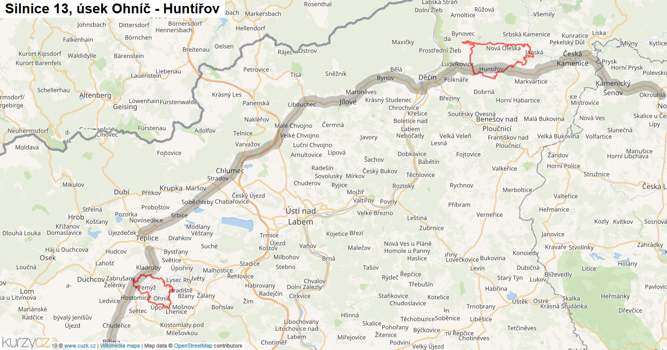 Úsek Ohníč - Huntířov, Silnice 13 - Mapa