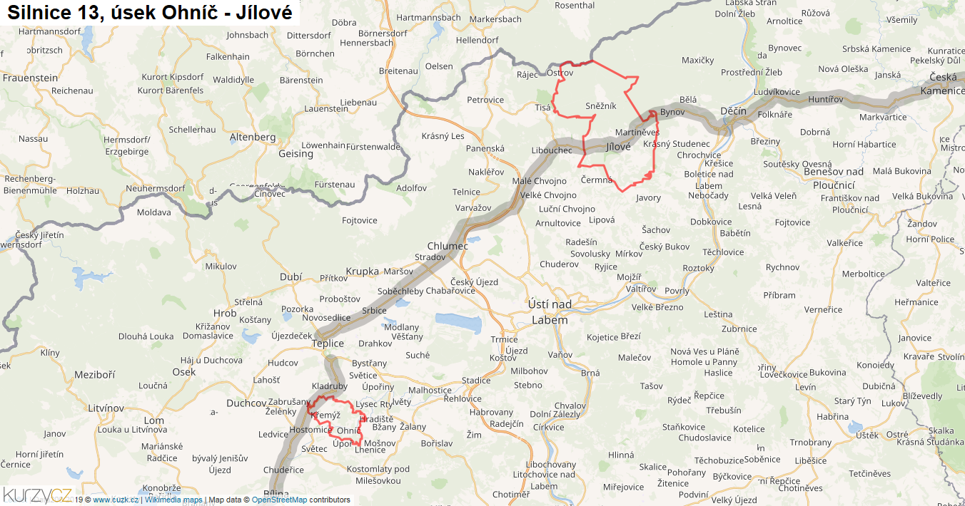 Úsek Ohníč - Jílové, Silnice 13 - Mapa