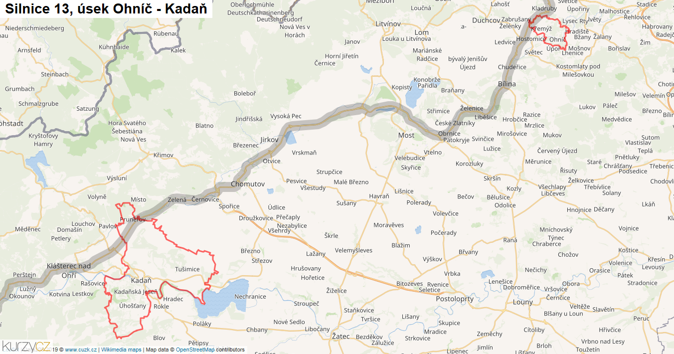Úsek Ohníč - Kadaň, Silnice 13 - Mapa