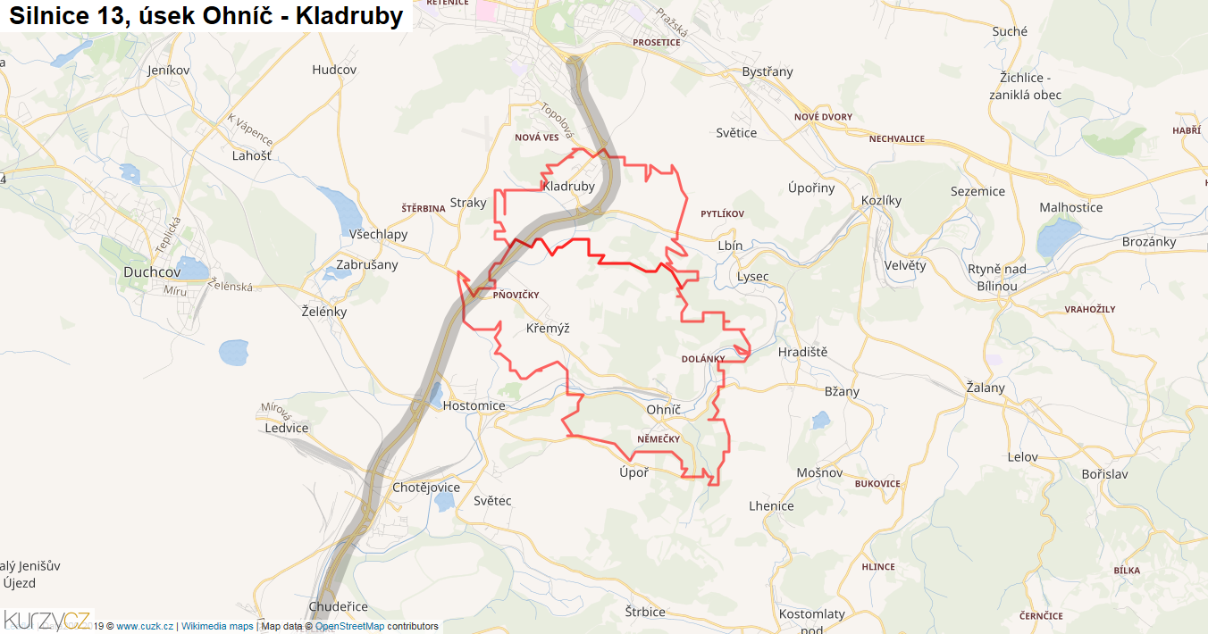 Úsek Ohníč - Kladruby, Silnice 13 - Mapa
