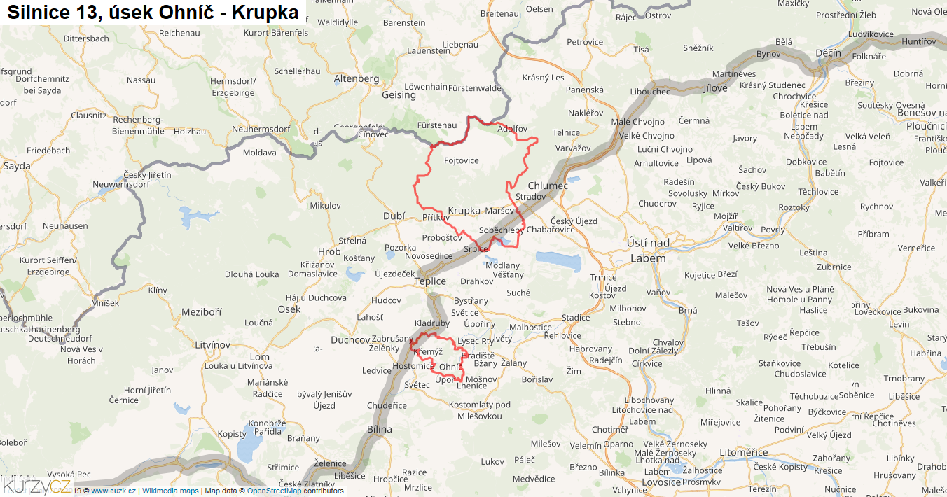 Úsek Ohníč - Krupka, Silnice 13 - Mapa