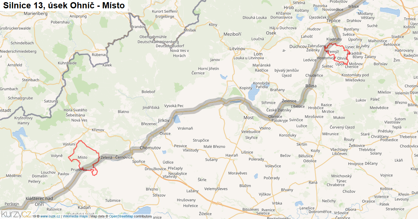 Úsek Ohníč - Místo, Silnice 13 - Mapa