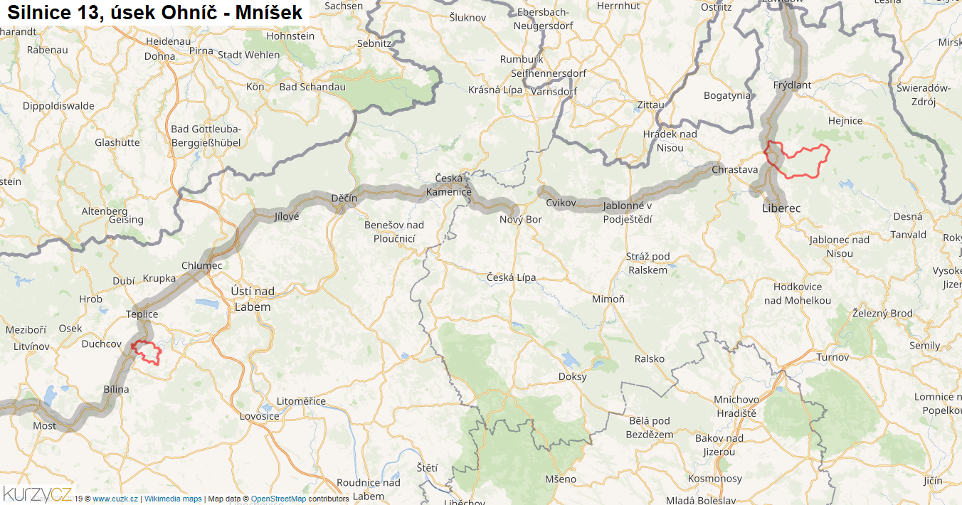 Úsek Ohníč - Mníšek, Silnice 13 - Mapa