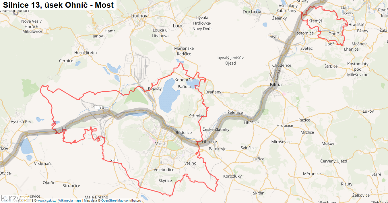 Úsek Ohníč - Most, Silnice 13 - Mapa