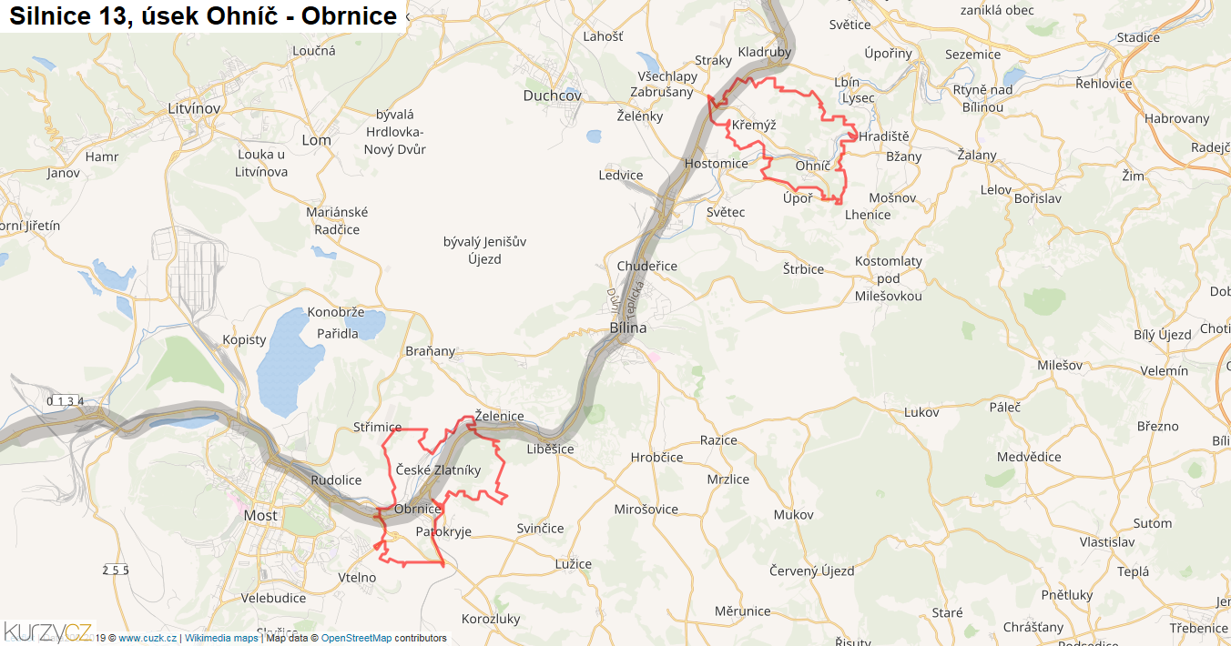Úsek Ohníč - Obrnice, Silnice 13 - Mapa