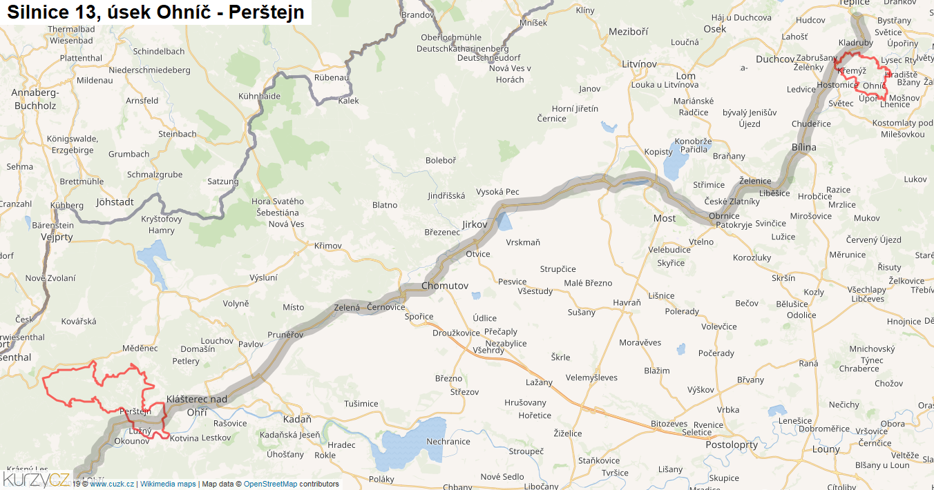 Úsek Ohníč - Perštejn, Silnice 13 - Mapa