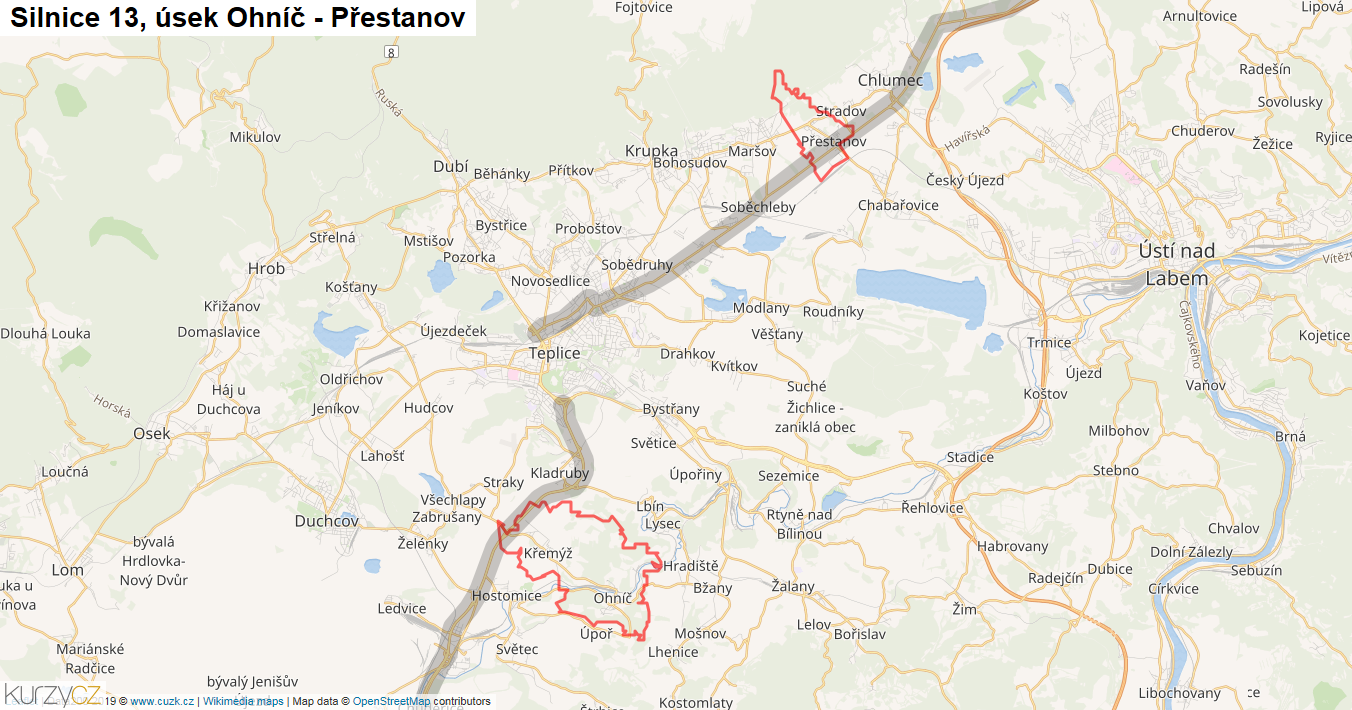 Úsek Ohníč - Přestanov, Silnice 13 - Mapa