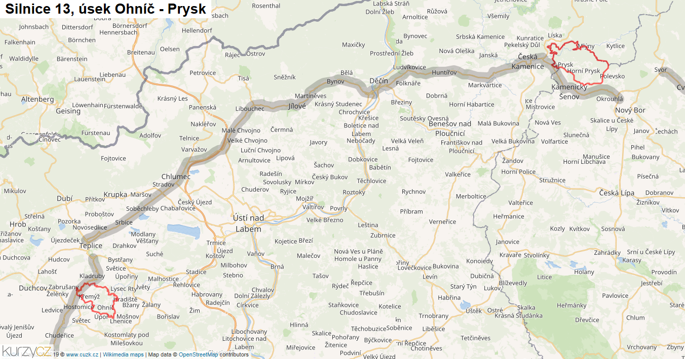 Úsek Ohníč - Prysk, Silnice 13 - Mapa