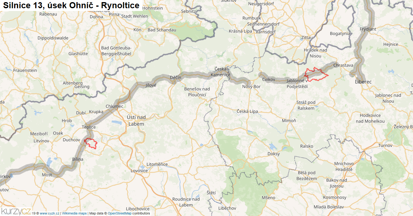 Úsek Ohníč - Rynoltice, Silnice 13 - Mapa