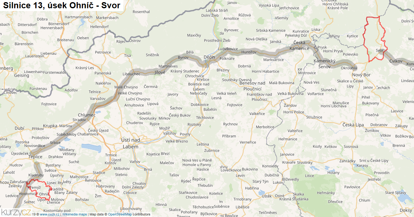 Úsek Ohníč - Svor, Silnice 13 - Mapa