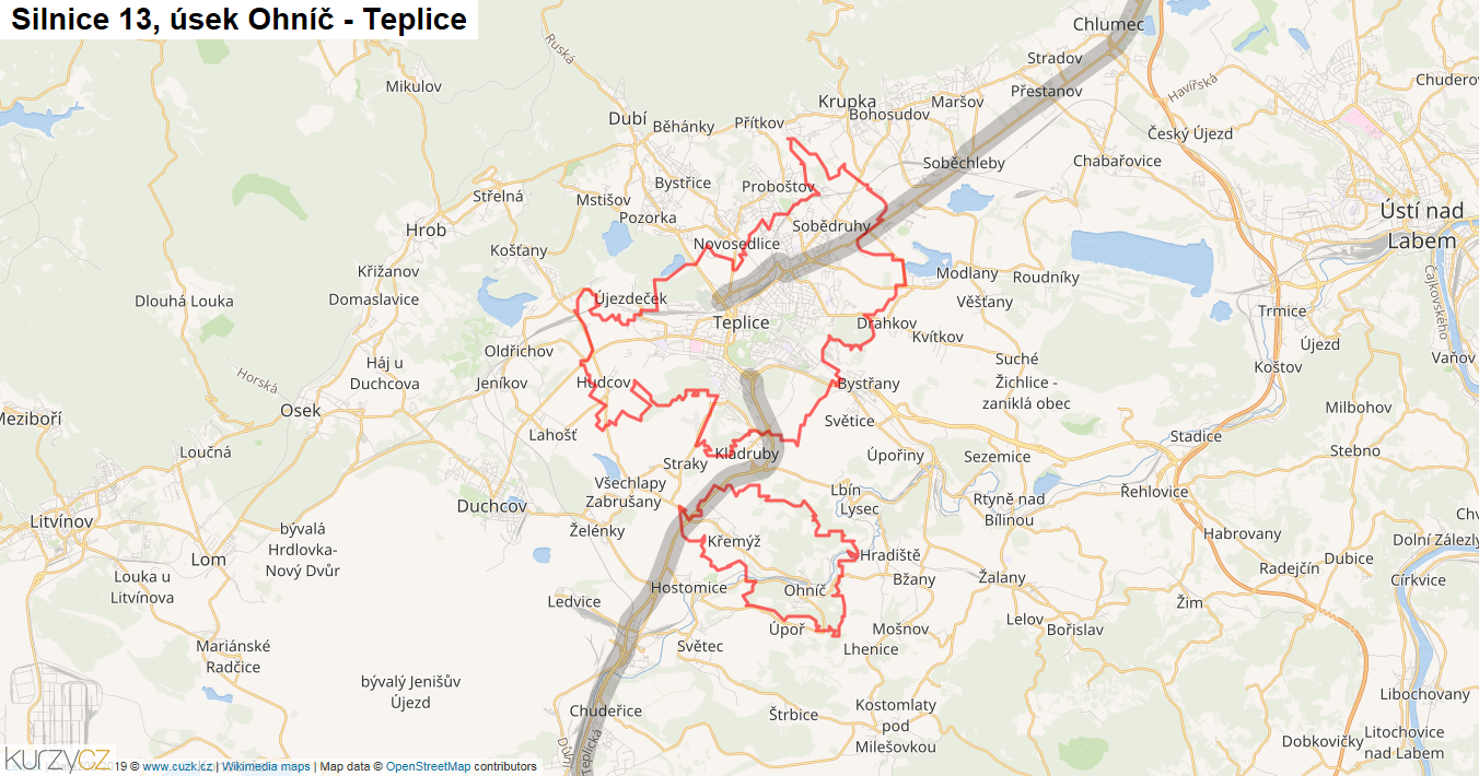 Úsek Ohníč - Teplice, Silnice 13 - Mapa