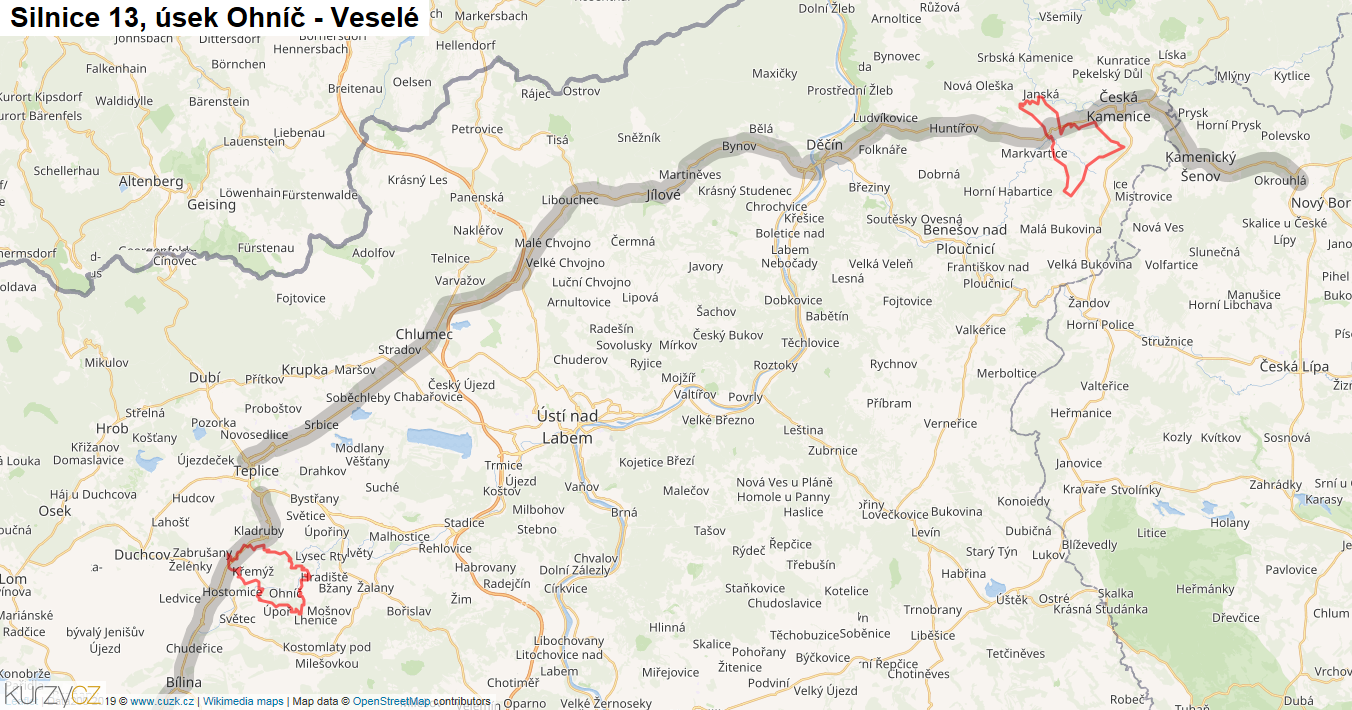 Úsek Ohníč - Veselé, Silnice 13 - Mapa