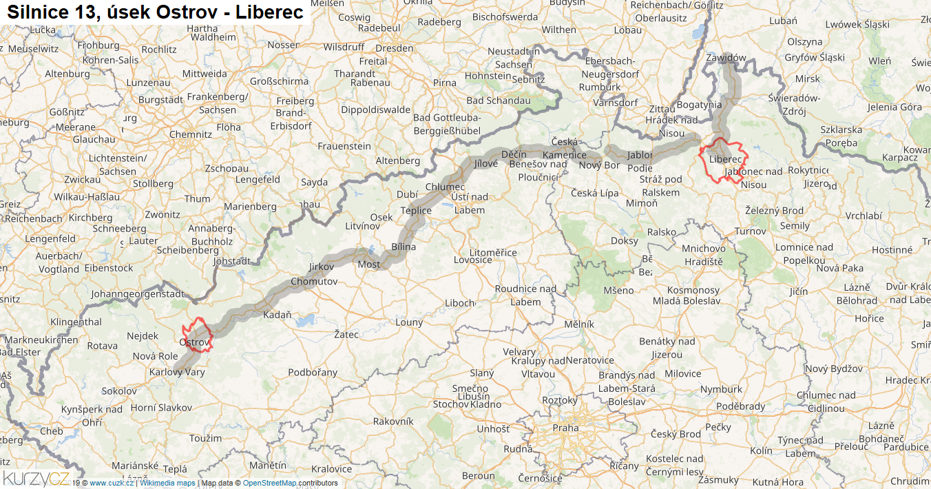 Úsek Ostrov - Liberec, Silnice 13 - Mapa