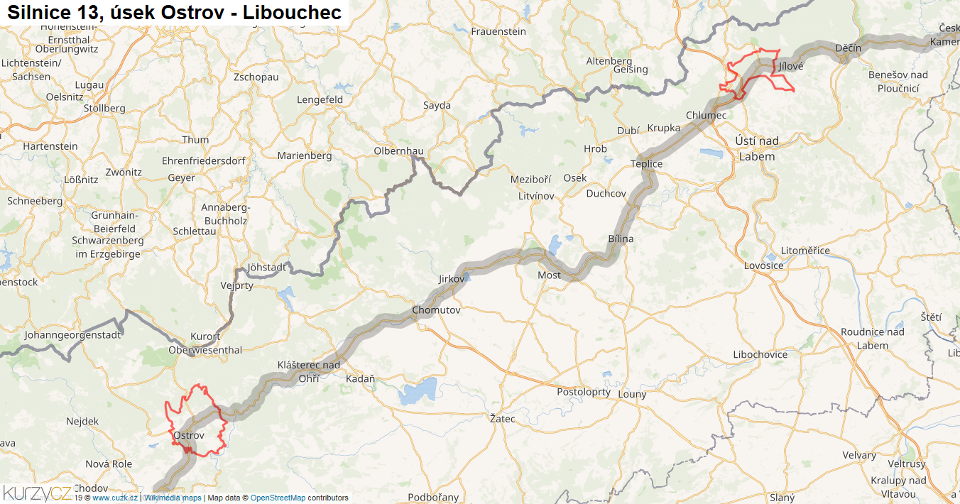 Úsek Ostrov - Libouchec, Silnice 13 - Mapa