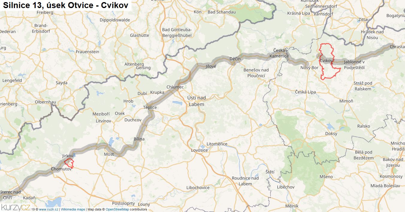 Úsek Otvice - Cvikov, Silnice 13 - Mapa