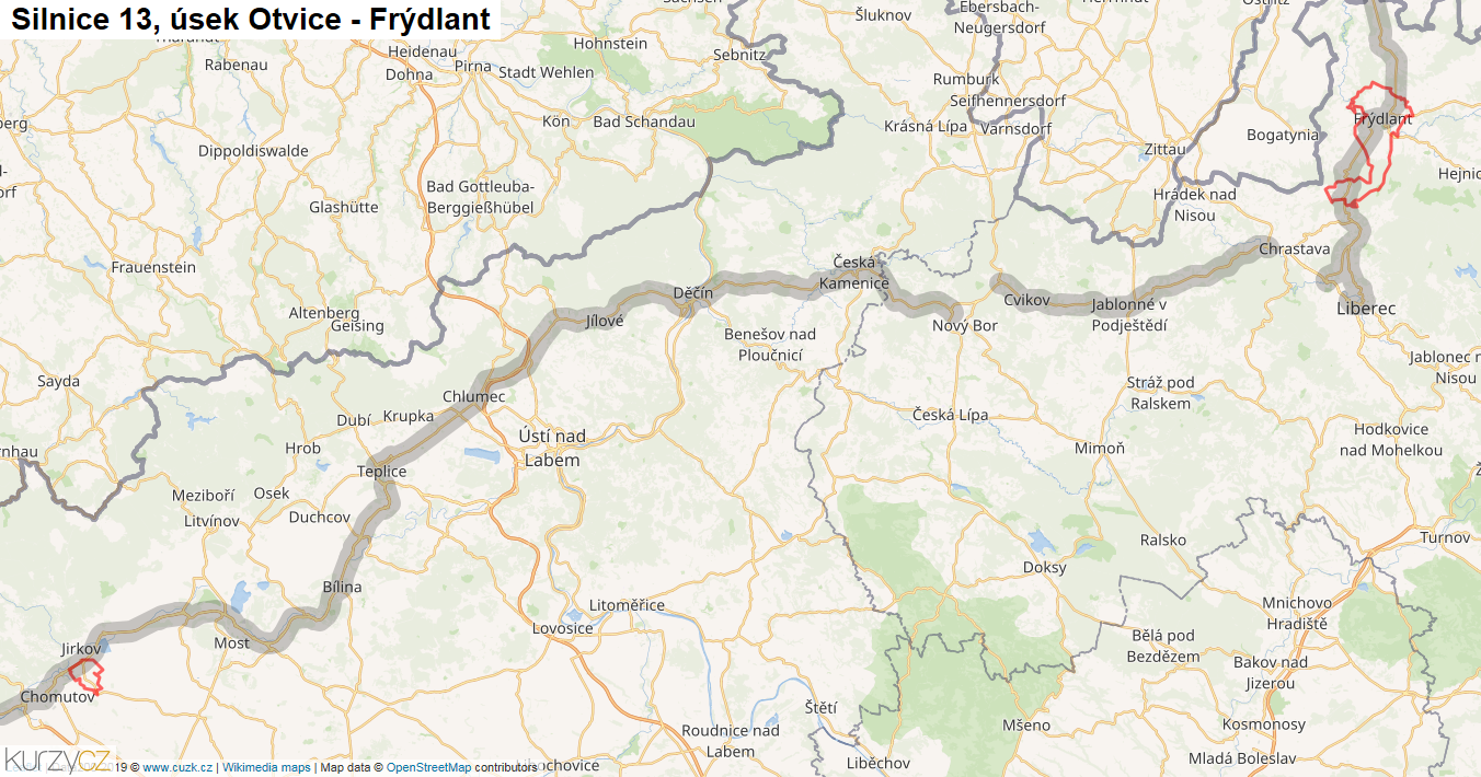 Úsek Otvice - Frýdlant, Silnice 13 - Mapa