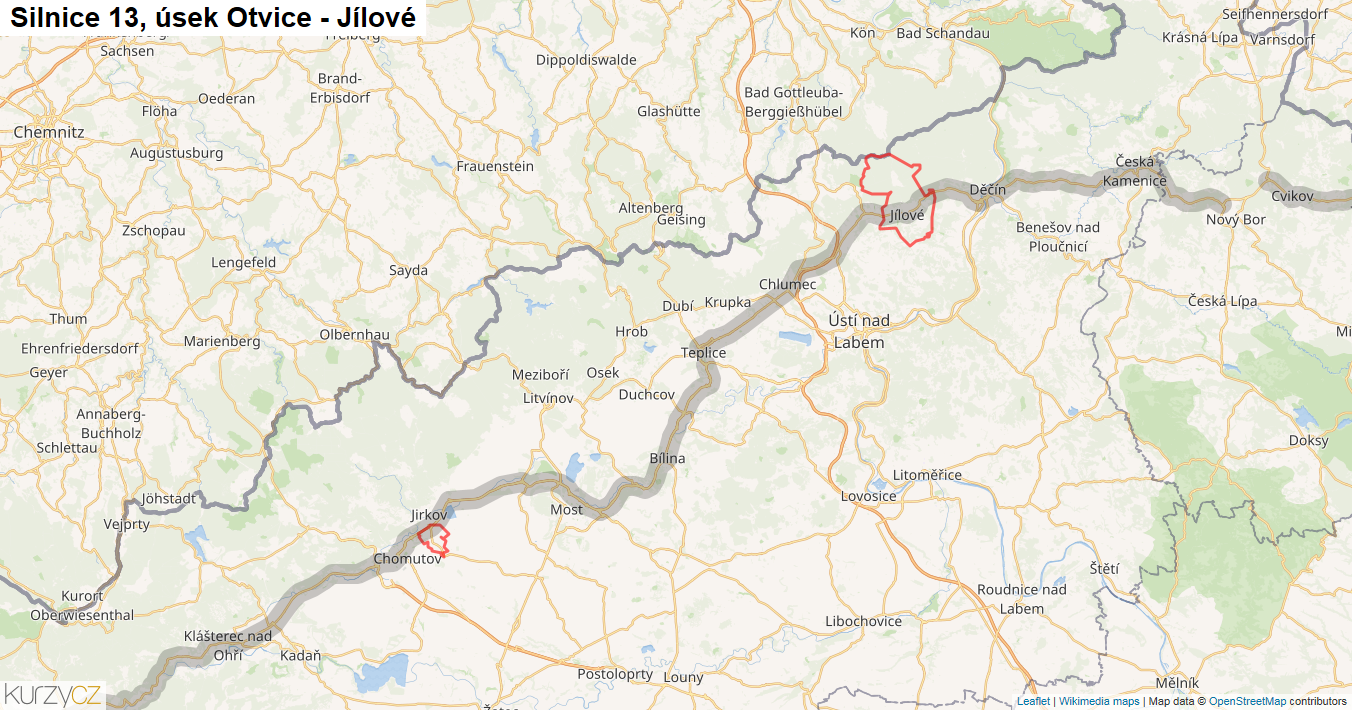 Úsek Otvice - Jílové, Silnice 13 - Mapa