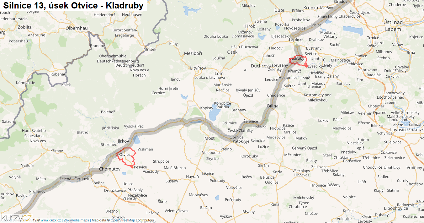 Úsek Otvice - Kladruby, Silnice 13 - Mapa