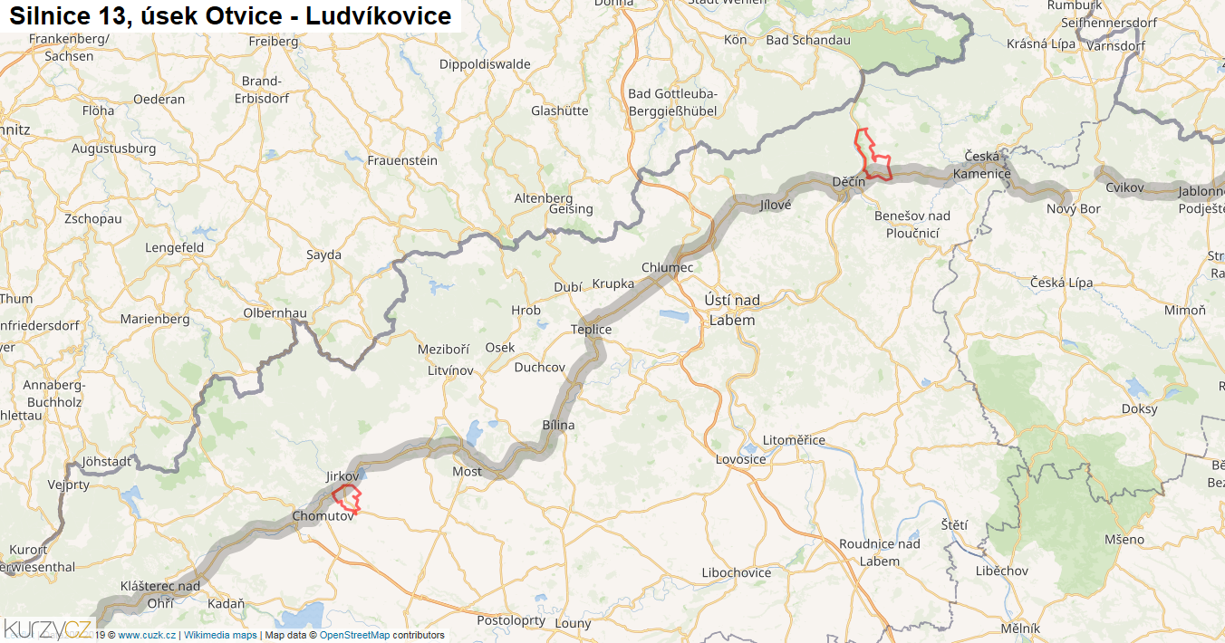 Úsek Otvice - Ludvíkovice, Silnice 13 - Mapa