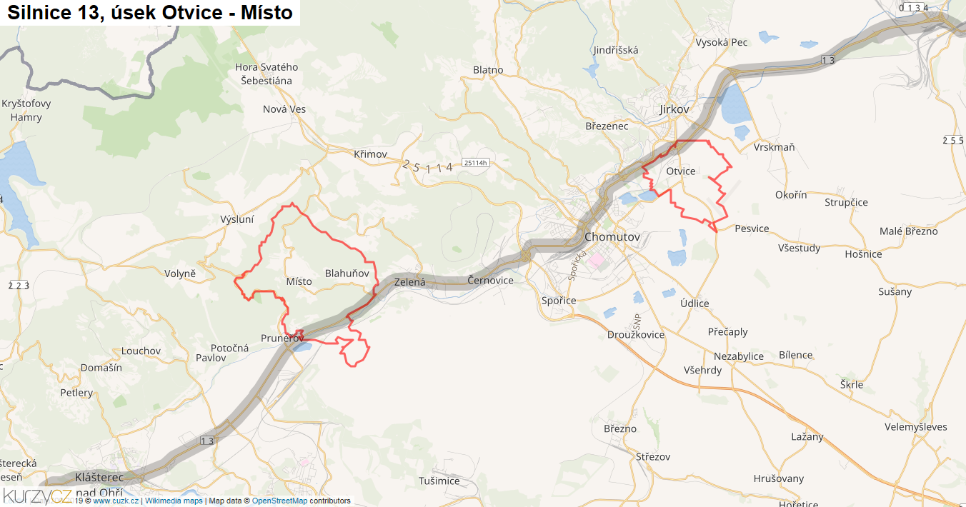 Úsek Otvice - Místo, Silnice 13 - Mapa