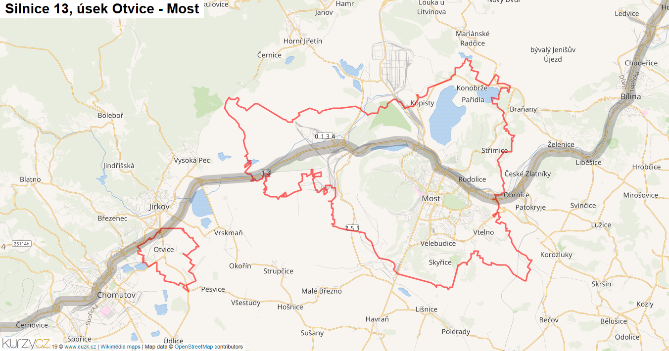 Úsek Otvice - Most, Silnice 13 - Mapa