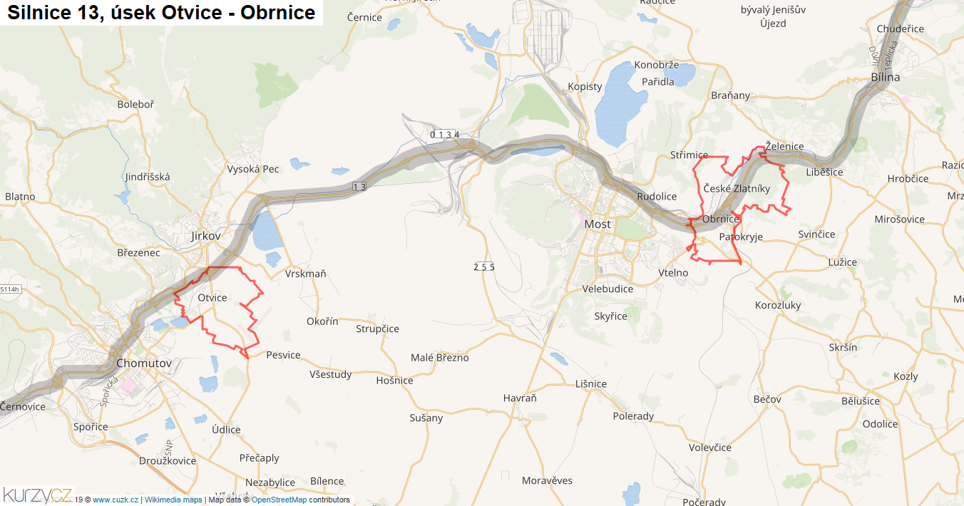 Úsek Otvice - Obrnice, Silnice 13 - Mapa