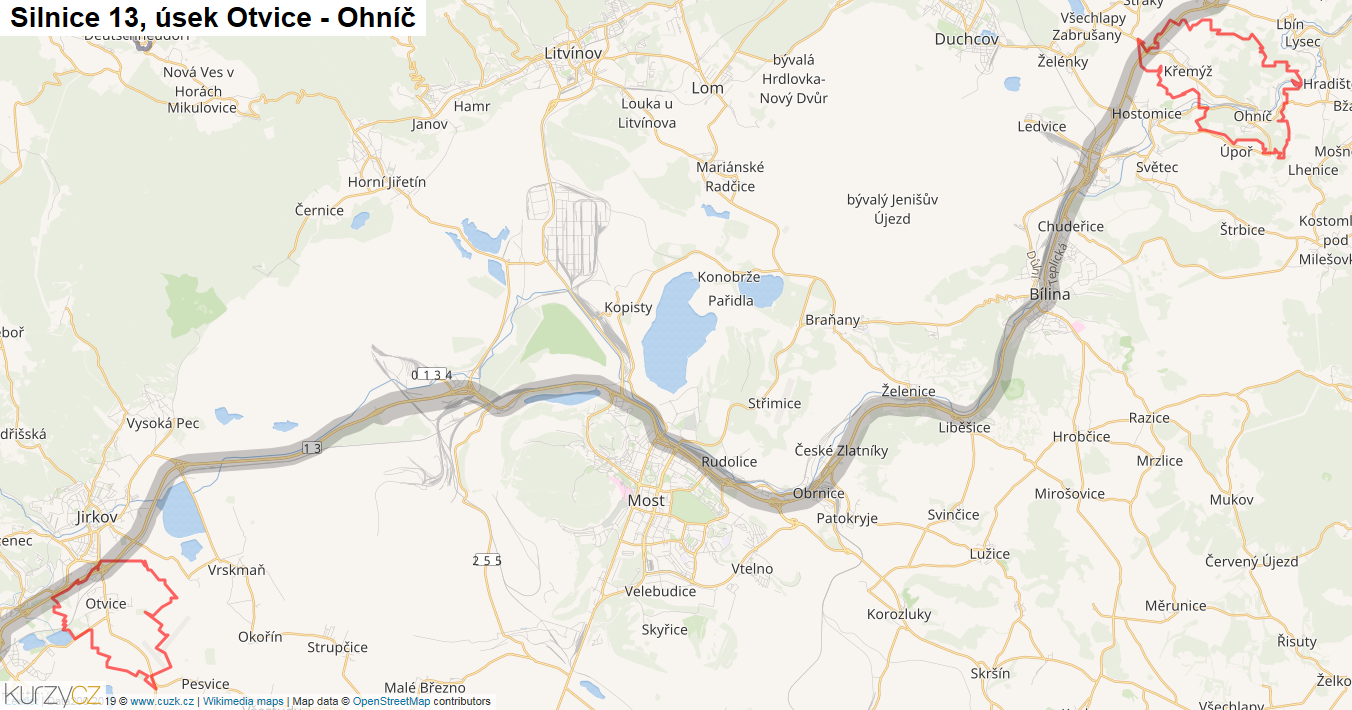 Úsek Otvice - Ohníč, Silnice 13 - Mapa