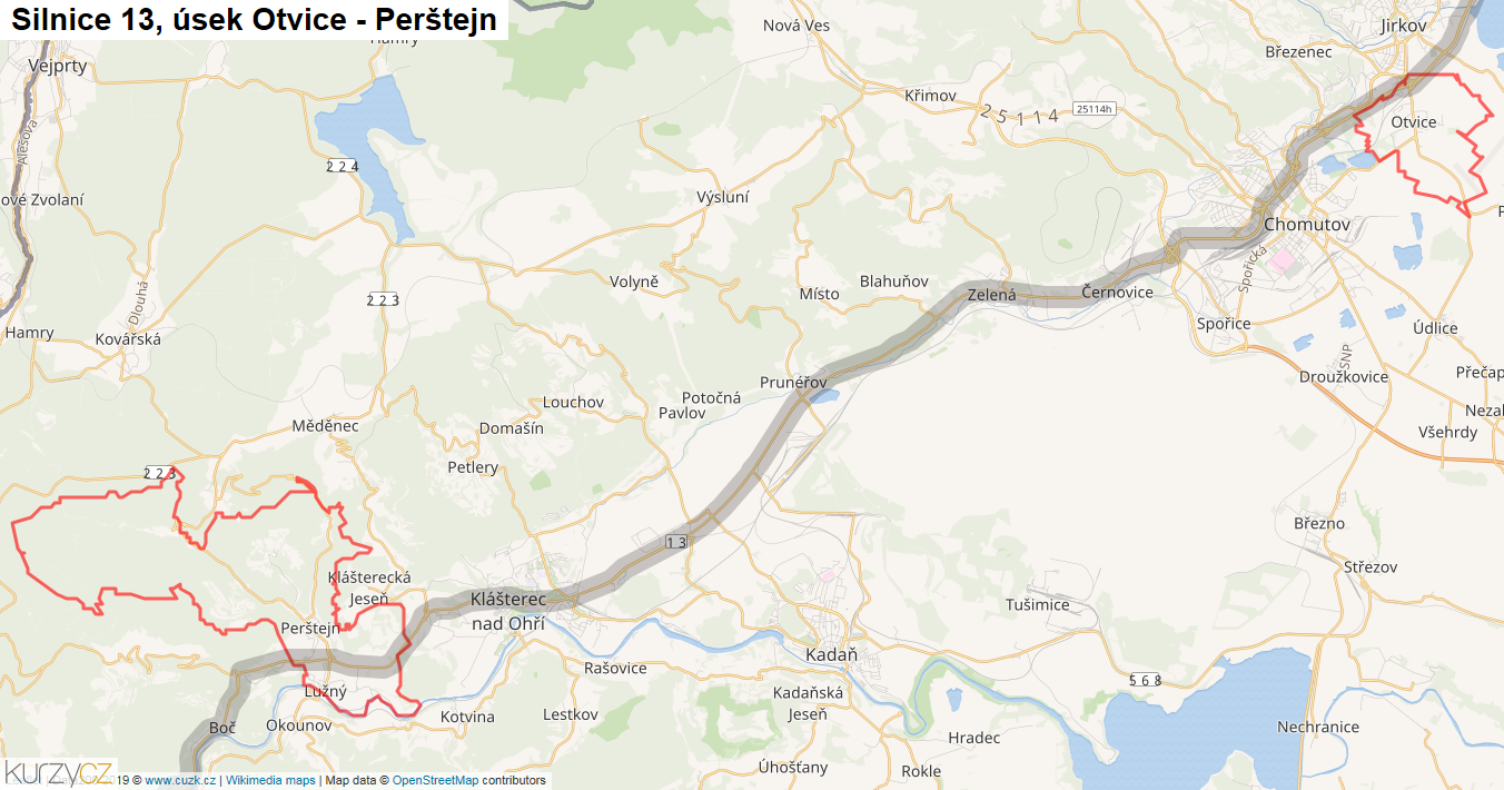 Úsek Otvice - Perštejn, Silnice 13 - Mapa