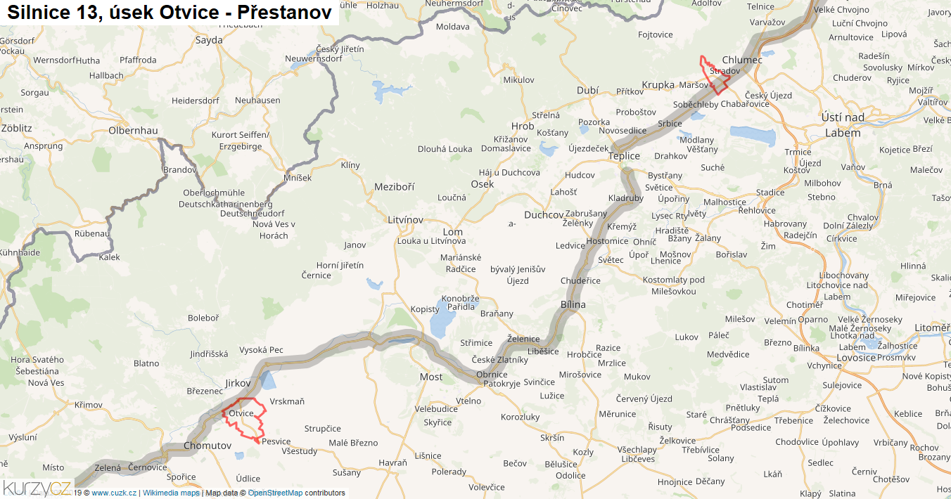 Úsek Otvice - Přestanov, Silnice 13 - Mapa