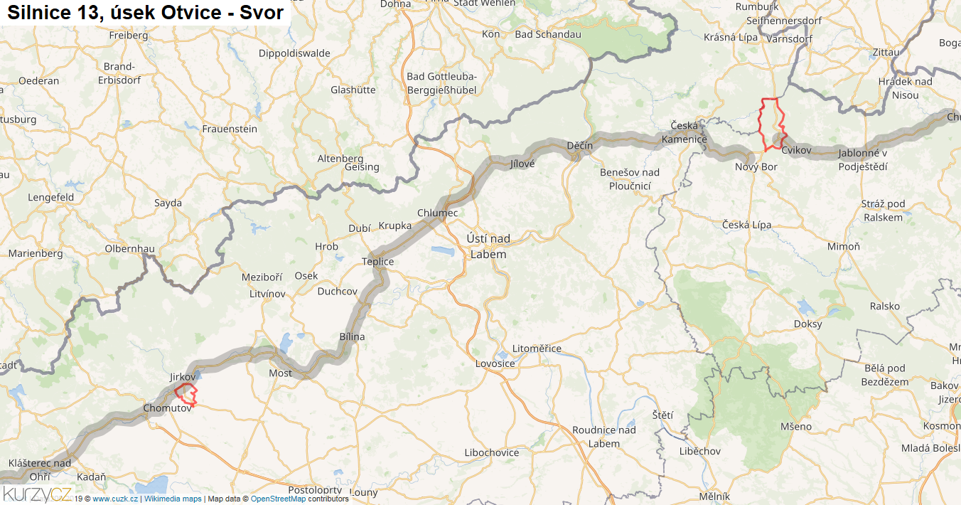 Úsek Otvice - Svor, Silnice 13 - Mapa